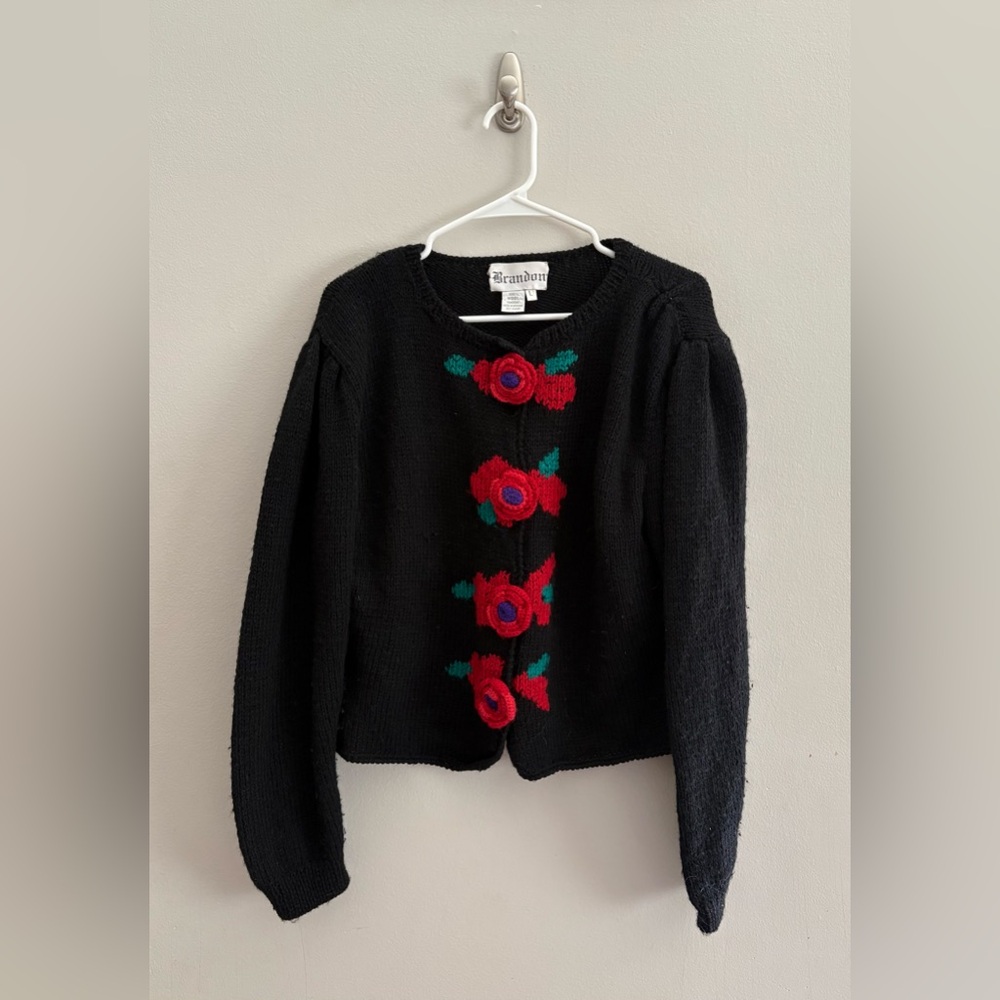 Vintage Brandon Pure Wool Crochet Rose Cardigan Sweater Grandmacore | Size L
